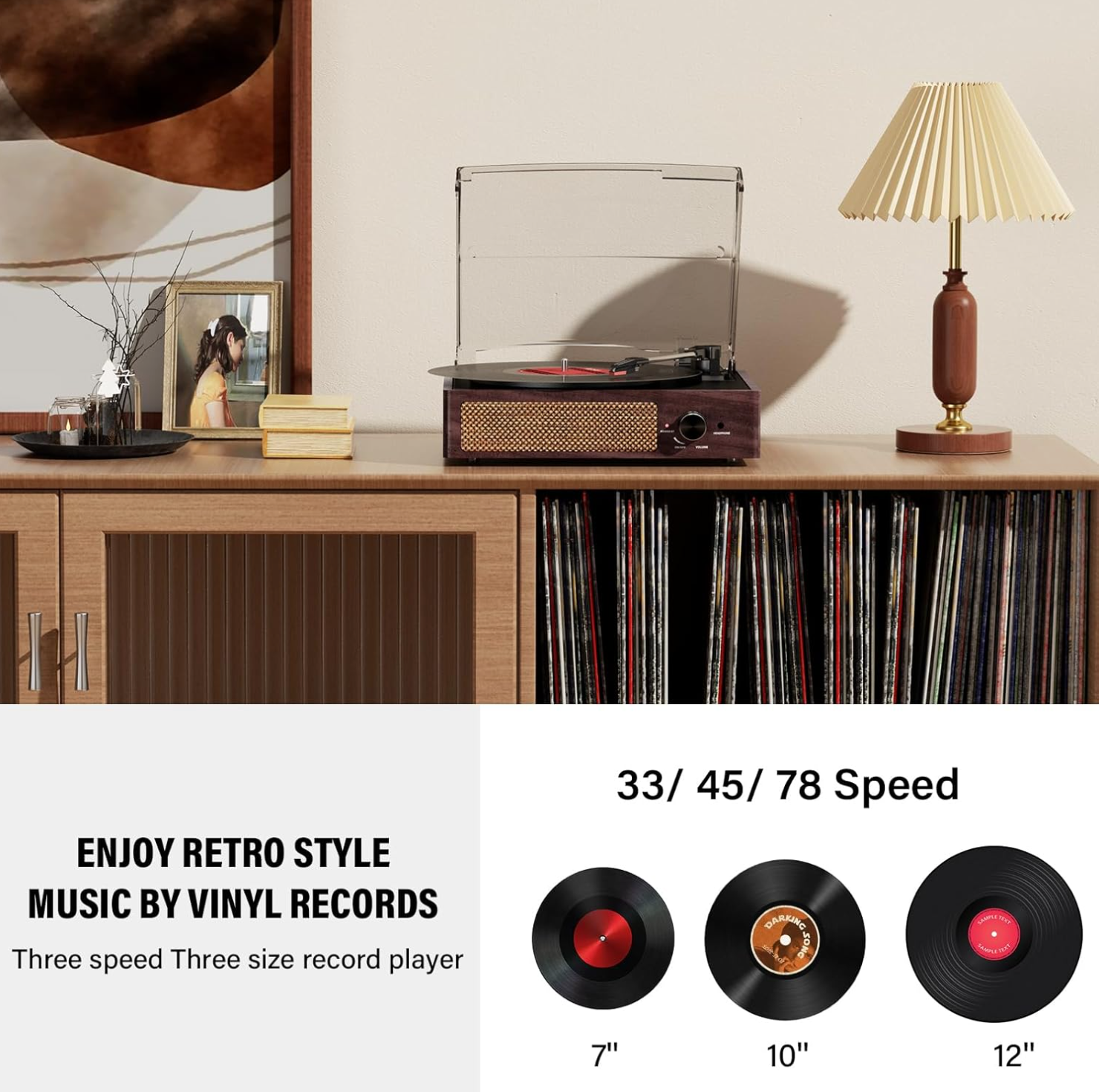 Vinyl Record Players Vintage Turntable for Vinyl Records with Speakers Belt-Driven Turntables Support 3-Speed, Bluetooth Wireless Playback, Headphone, AUX-in, RCA Line LP Vinyl Players